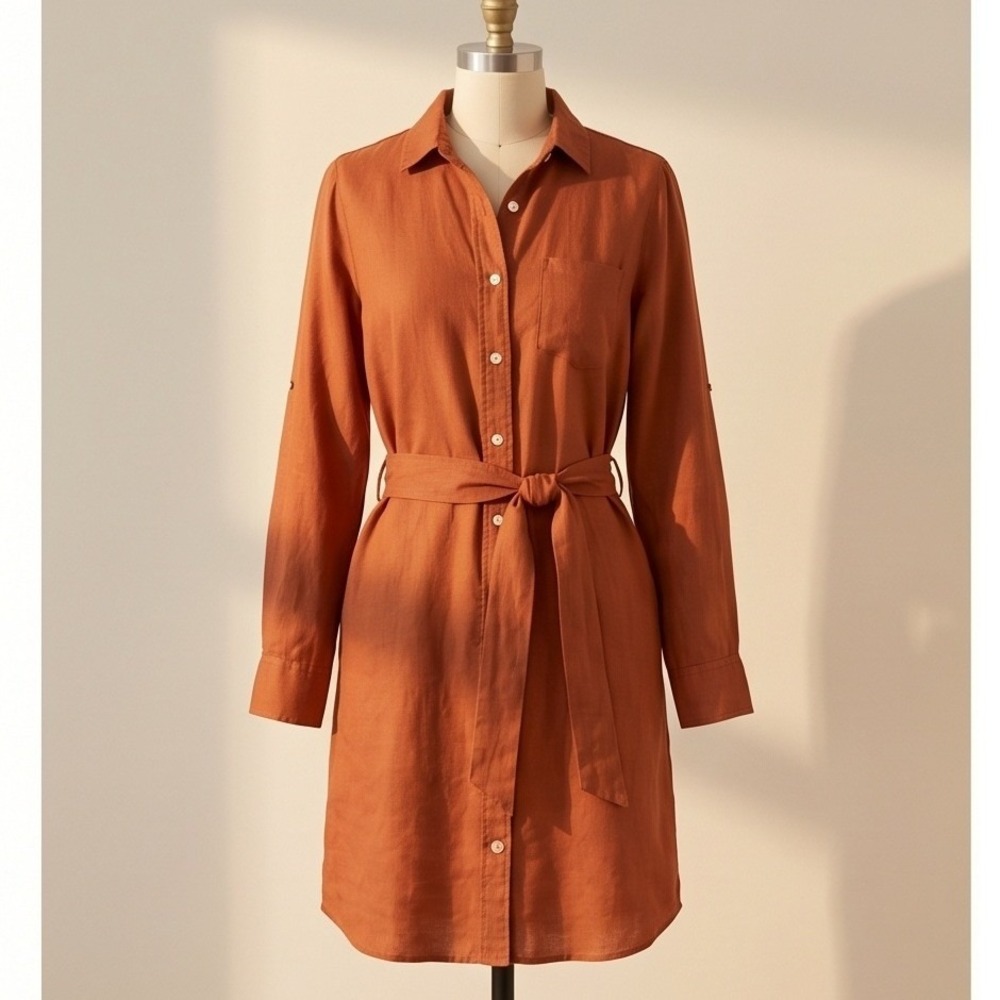 Magaschoni‎ XS Linen Shirt Dress Rust Orange Long Sleeve Belted Above Knee